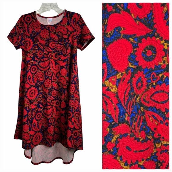 LuLaRoe NEW Carly Jacquard Dress XS (2/4) Red Paisley Heart Midi Pocket High Low - Picture 1 of 10